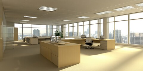 Modern office with large windows offering a city view.