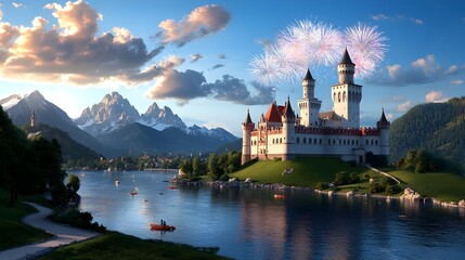 Breathtaking fireworks extravaganza illuminating the majestic silhouette of a medieval castle creating a mesmerizing and historic scene