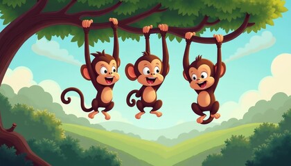  Three monkeys swinging from a tree branch enjoying the day