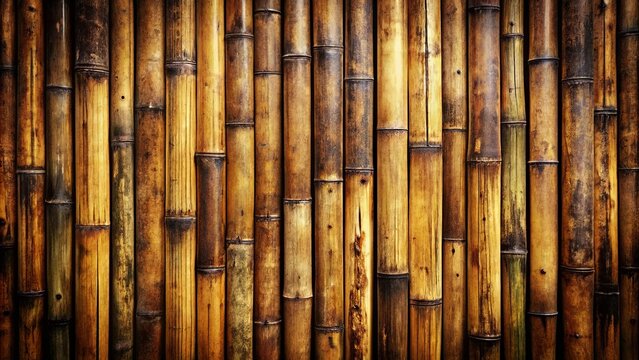 A wall of aged bamboo stalks, each revealing its history through weathered textures and rich hues.