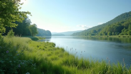 Obraz premium Tranquil River Scenery A serene landscape of natures beauty