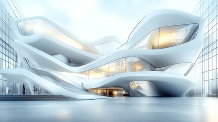 Fototapeta premium Futuristic white building with curved lines and large windows.