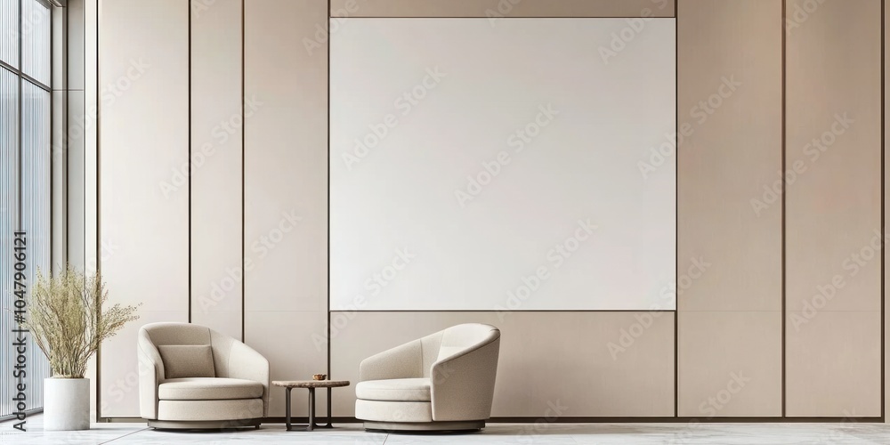 Canvas Prints Two beige armchairs sit in front of a large blank canvas in a modern minimalist room with a large window.