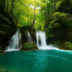 Turquoise waterfall cascading into a lush green forest