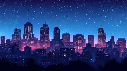 A vibrant pixel art city skyline at night, illuminated by colorful lights under a starry sky.