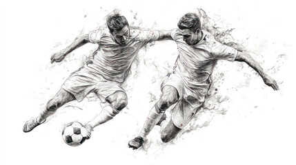 Pencil sketch outline of football players are fighting for the ball