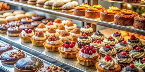 Fototapeta premium A display of assorted freshly baked pastries, featuring a diverse selection of flavors and toppings, creating a symphony of sweetness and artistry