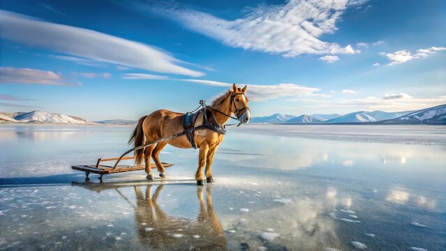 Symmetrical sled horse in frozen Cildir lake