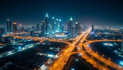  Vibrant cityscape at night illuminated by bright lights and bustling traffic