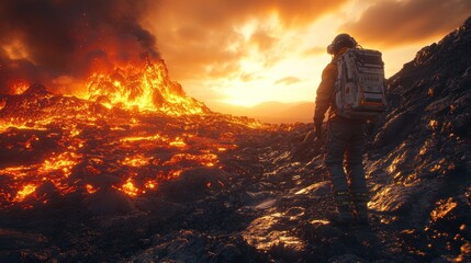 Obraz premium Astronaut exploring a volcanic landscape at sunset.