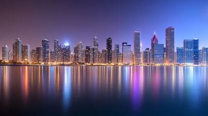 Fototapeta premium A stunning skyline view of a city at night reflecting on water, showcasing urban architecture and lights.