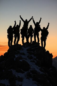 Mountain Achievement. Triumphant silhouettes on a peak, joy of a team celebrating their success, representing beauty of shared victories, cooperation, exhilaration of reaching new heights together.