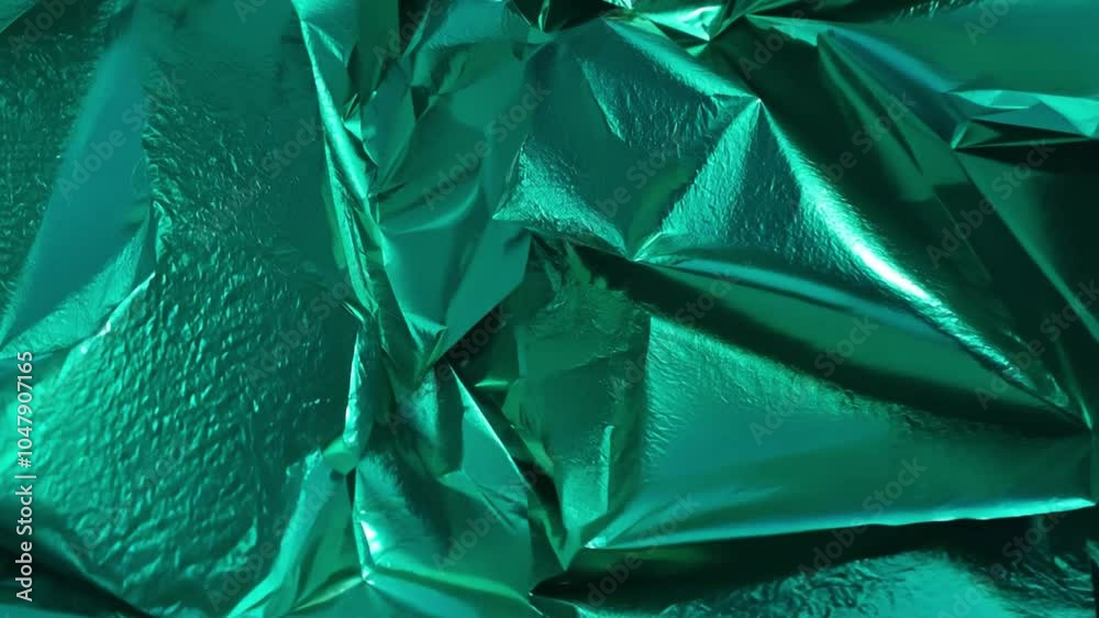 Poster The bright turquoise surface features crumpled metallic texture, creating dynamic folds and reflections of light across the material, enhancing its visual depth.