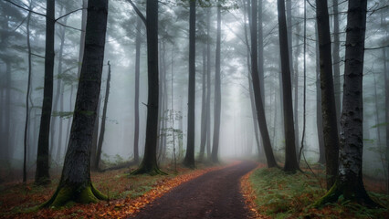 Fog in nature. A dense fog envelops a quiet forest.