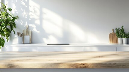 Wooden light empty table top in modern white kitchen, kitchen panel in interior. template showcase scene for advertising products. Modern kitchen. Ultra realistic. Photorealistic