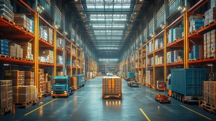 Fototapeta premium Warehouse interior filled with pallets and trucks for logistics operations.