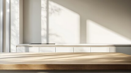 Wooden light empty table top in modern white kitchen, kitchen panel in interior. template showcase scene for advertising products. Modern kitchen. Ultra realistic. Photorealistic