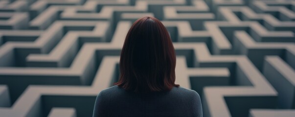 Person contemplating in front of a complex maze, symbolizing confusion and introspection.