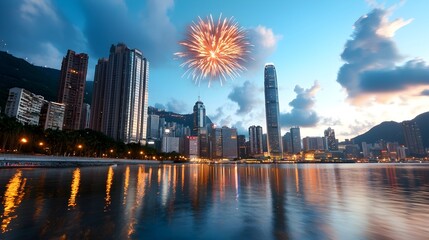 Obraz premium Dazzling fireworks display illuminating the night sky with a vibrant array of colors over a picturesque urban skyline and festival concept