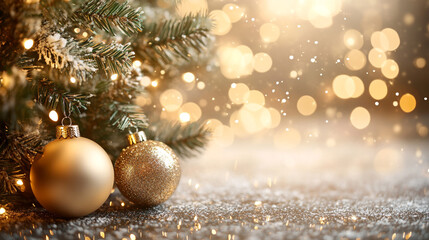 Fototapeta premium Golden Christmas Ornaments on a Glowing Tree Background. A festive scene featuring sparkling gold ornaments adorning a Christmas tree, creating a warm and inviting holiday atmosphere.