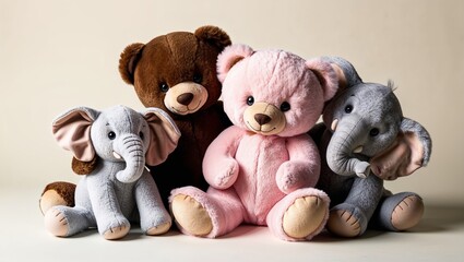Adorable plush toys include elephants and teddy bears.