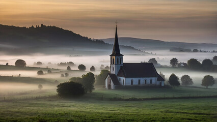 Fog in villages. A foggy evening in a traditional village. Ai Generate image