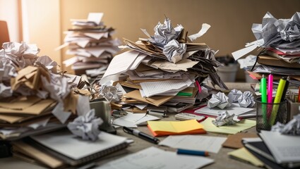 Messy desk with papers and stationery in disorganized chaos.