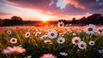 Fototapeta premium Field of daisies with a breathtaking sunset illuminating the horizon.