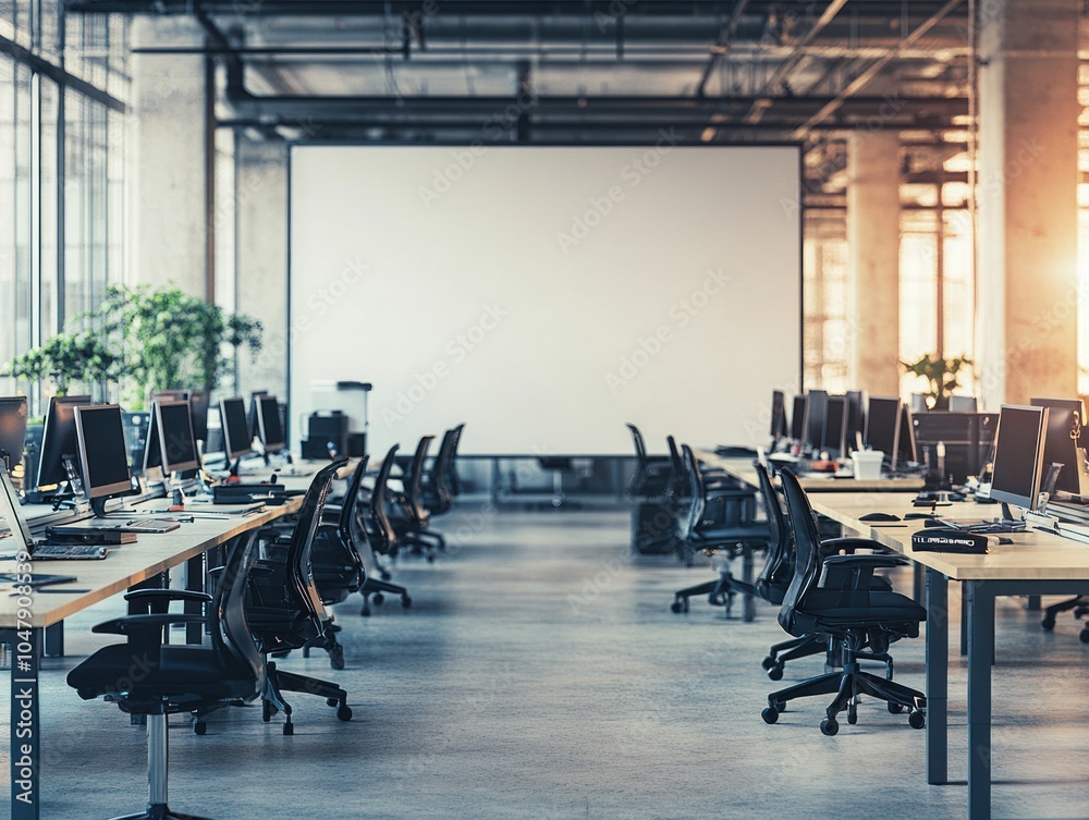 Sticker Empty modern office with a blank projector screen, desks, and chairs.