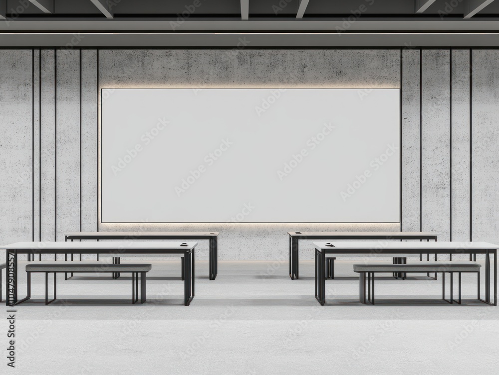 Sticker Minimalist concrete interior with empty white poster and tables.