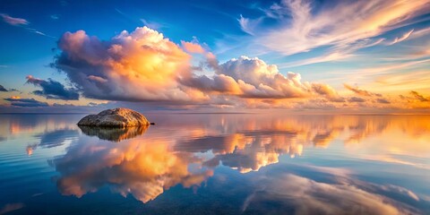 A Solitary Rock Reflects the Serene Beauty of a Sunset Sky, Painting the Calm Waters with Hues of Orange and Blue