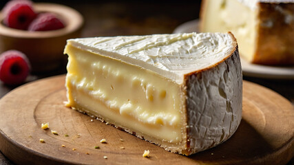 An ultra close shot of creamy Brie cheese. Cheese texture Ai Generated