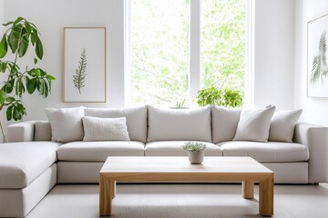 Fototapeta premium Minimalist, a modern minimalist interior in the living room with art frames hanging on the wall and sofas and tables. Generative AI 