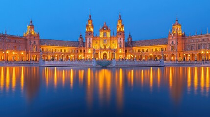 Fototapeta premium Illuminated Spanish Plaza at Dusk.