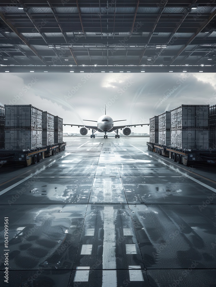Leinwandbilder A cargo airplane waits on the runway as loading and unloading equipment surrounds it in an airport environment. Generative AI