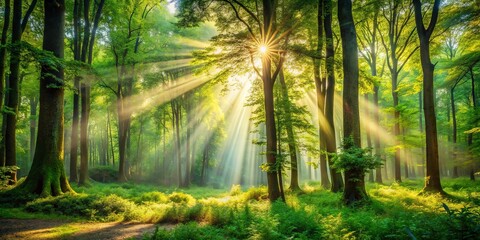 A Tranquil Forest Path Bathed in Golden Light, Where Sunbeams Dance Through the Canopy, Illuminating the Lush Undergrowth and Evoking a Sense of Serenity