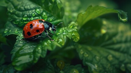 Ladybug on a Green Leaf with Dewdrops
