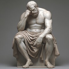 A contemplative, muscular statue of a seated man lost in thought.