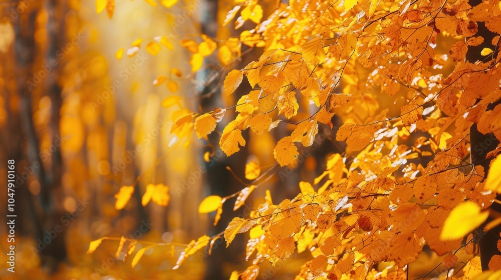 Poster The forest is filled with trees displaying brilliant autumn leaves, creating a warm, golden atmosphere under soft sunlight. Generative AI