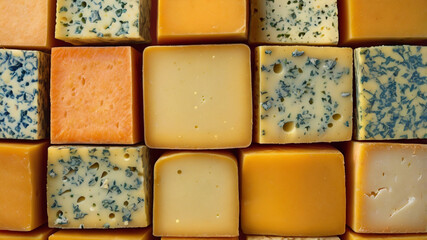 Cheese pattern. A colorful cheese mosaic pattern composed of various cheese types such as cheddar, gouda, brie, and blue cheese.