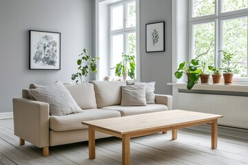 Fototapeta premium Minimalist, contemporary Scandinavian interiors in living rooms with walls and sofas with art frames hanging. Generative AI 