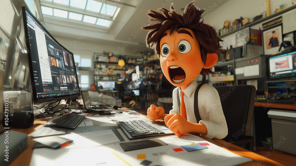 Poster a cartoon boy is sitting at a desk with a computer monitor in front of him. he is looking at the scr