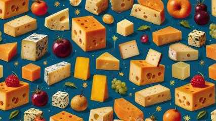 Cheese pattern. A whimsical pattern featuring cartoonish illustrations of different cheese varieties