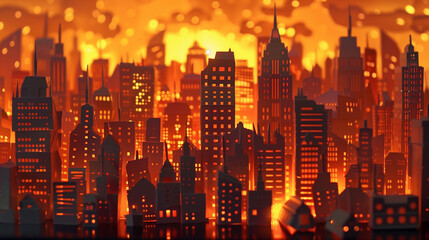 Obraz premium An intricate paper-cut scene of a bustling cityscape at sunset, with skyscrapers, streetlights, and tiny paper cars. 