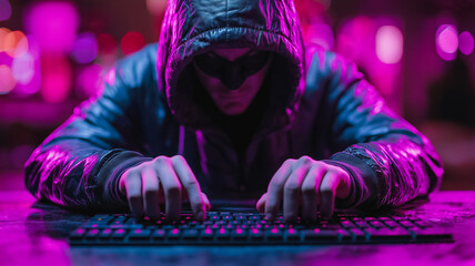 A man is typing on a keyboard in a dark room with a hoodie on. The room is dimly lit and has a purple hue. The man is focused on his work, possibly typing a message or working on a project
