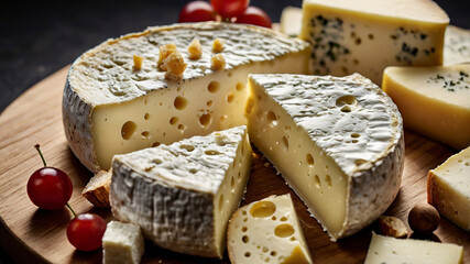 Cheese pattern. A detailed collage showcasing the textures of various cheeses, including the creamy surface of brie, the holes in swiss cheese, and the crumbly nature of feta.