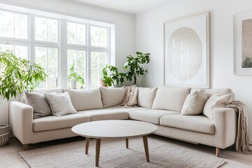 Fototapeta premium Minimalist, contemporary Scandinavian interiors in a well-lit living room with walls hanging with art frames and sofas and tables. Generative AI 