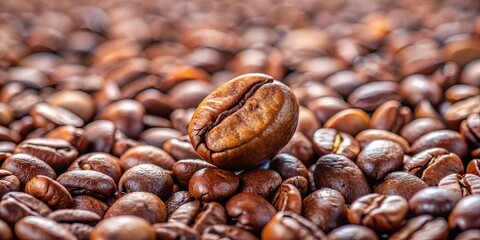 Fototapeta premium A single coffee bean stands out amidst a sea of roasted counterparts, each with a distinct texture and shade, revealing the captivating beauty of this ubiquitous beverage's origin.