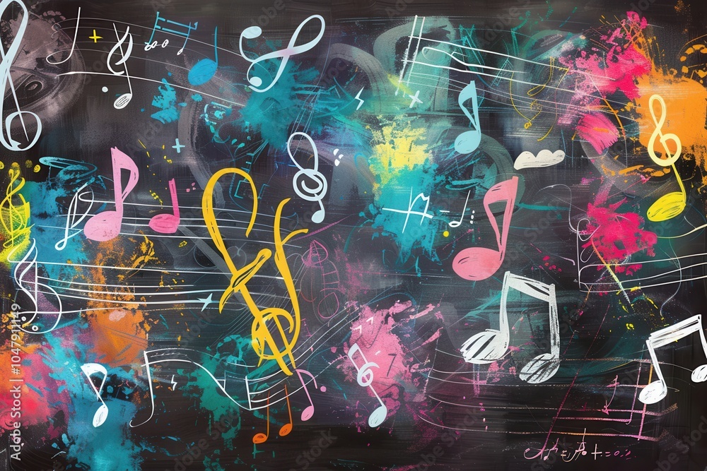 Poster a vibrant chalkboard displays a dynamic mix of colorful brushstrokes intertwined with musical notes 