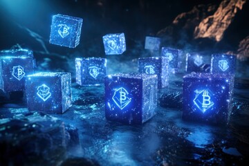 Fototapeta premium Glowing blue cubes with a Bitcoin symbol float in a dark, rocky environment.